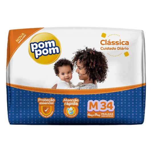 Fralda Pompom Clássica M Econômica com 34 unidades