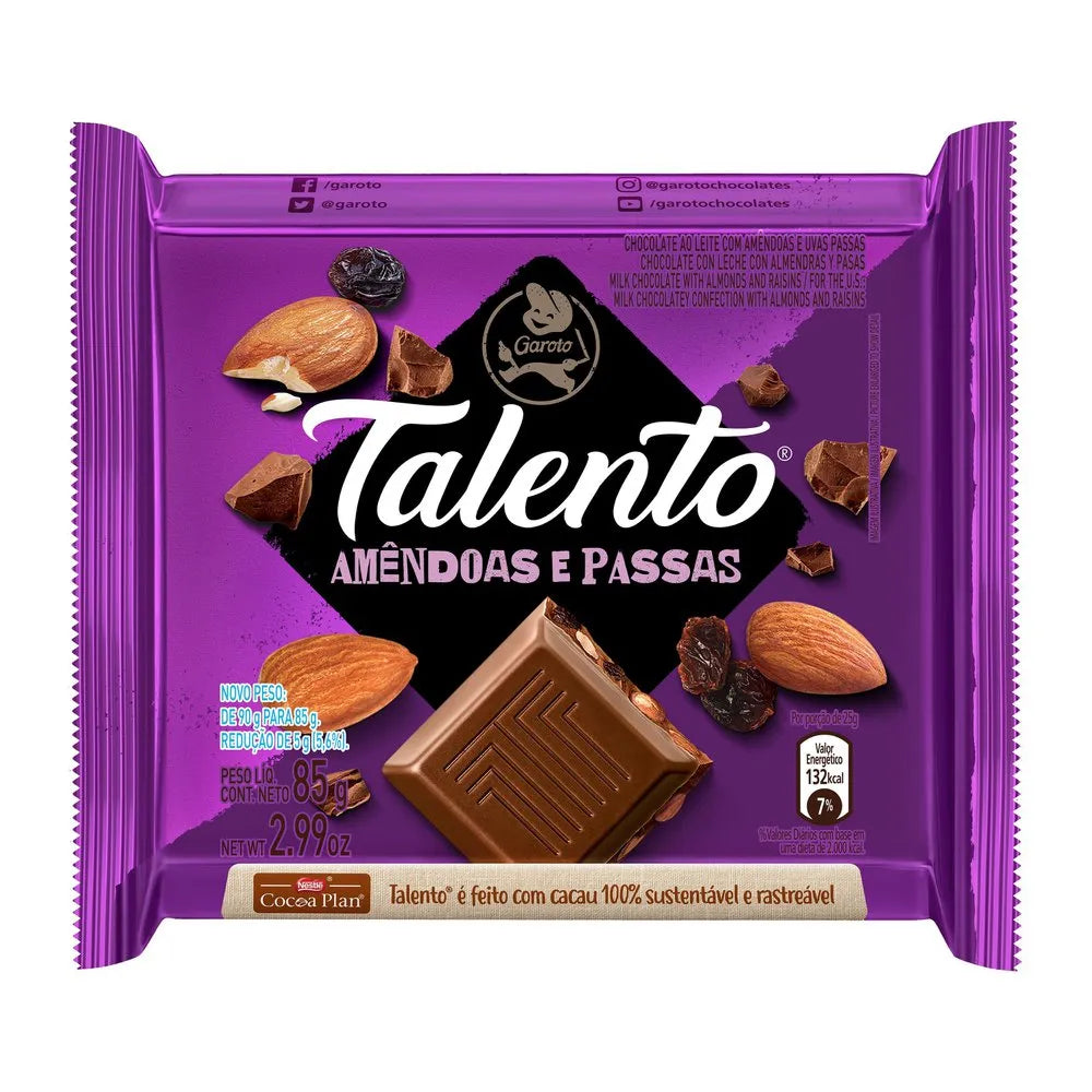 Talento Tablete Chocolate Amêndoa Passas 85g
