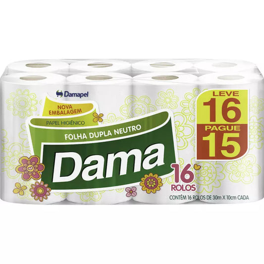 Papel Higiênico Folha Dupla Dama 30m com 16 Rolos